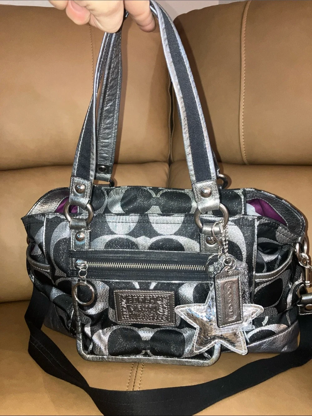 Coach Poppy Black/Silver Signature C Bag w/2 Coach tags & unbranded Star Charm